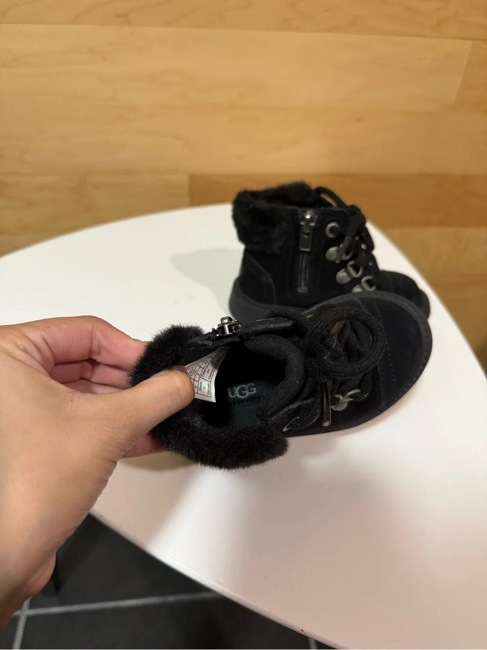 UGG Black Suede Fur-Trim Lace-Up Ankle Boots